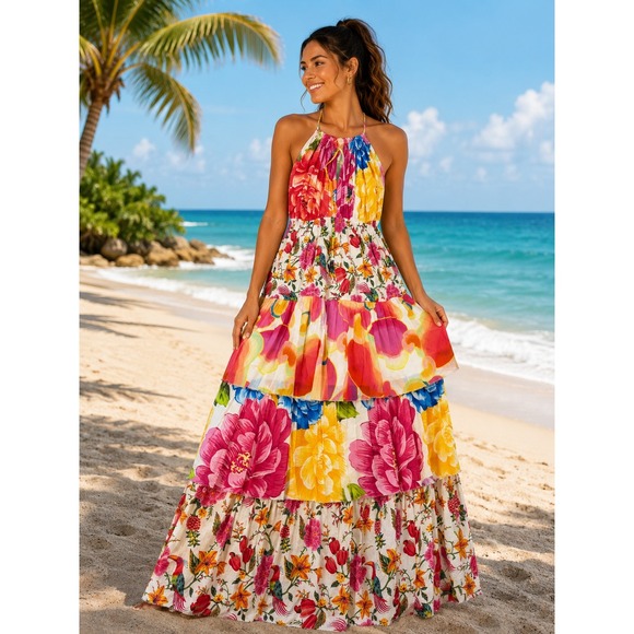 FARM Rio Dresses & Skirts - Farm Rio Women Tropical Floral Toucan Tiered Halter Maxi Dress Multicolor Small